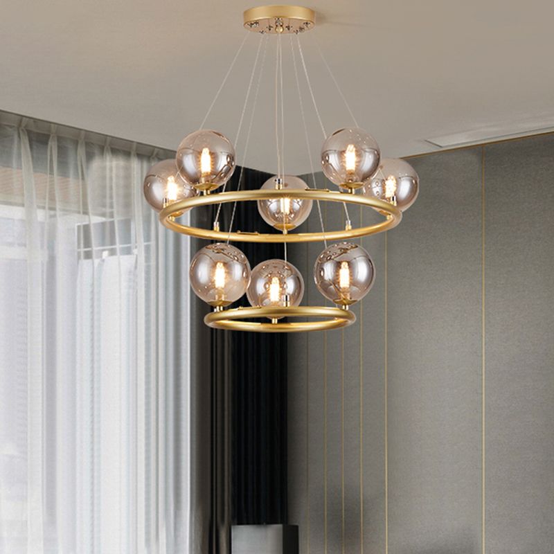 Circular Metal Pendant Chandelier Postmodern Suspension Light Fixture with Ball Glass Shade