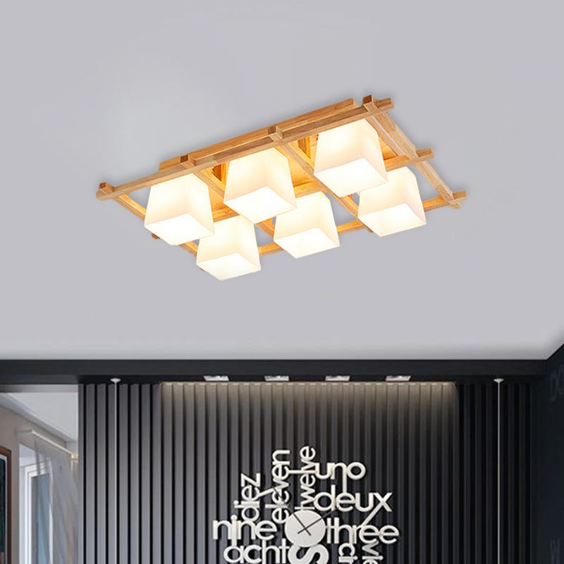 Wooden Checkerboard Shape Flush Mount Light Study Room Japanese Style Ceiling Light in Beige