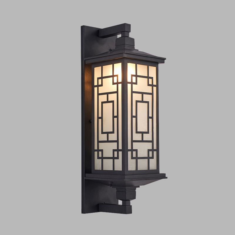 Black 1 Head Wall Sconce Lighting Country Opal Glass Cuboid Wall Lamp with Curved/Rectangle Pattern