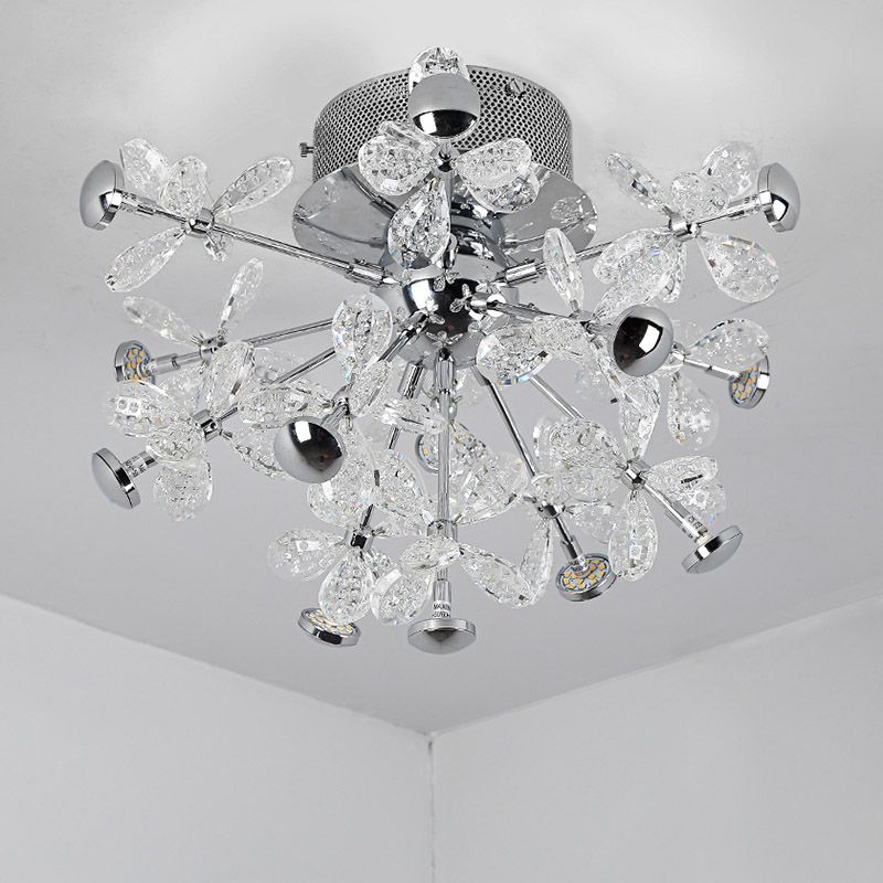 Flower Crystal Semi Flush Mount Modernist 13 Heads Silver Close to Ceiling Lamp for Living Room