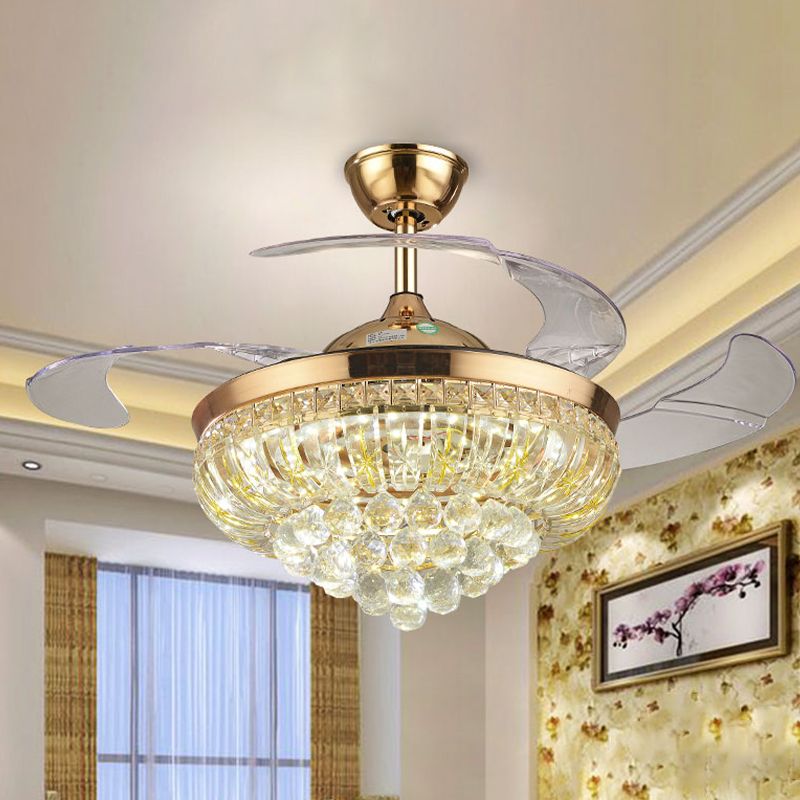3 messen kristallen led plafondventilator licht modernistische gouden conische woonkamer semi-flush mount, 42,5 "w
