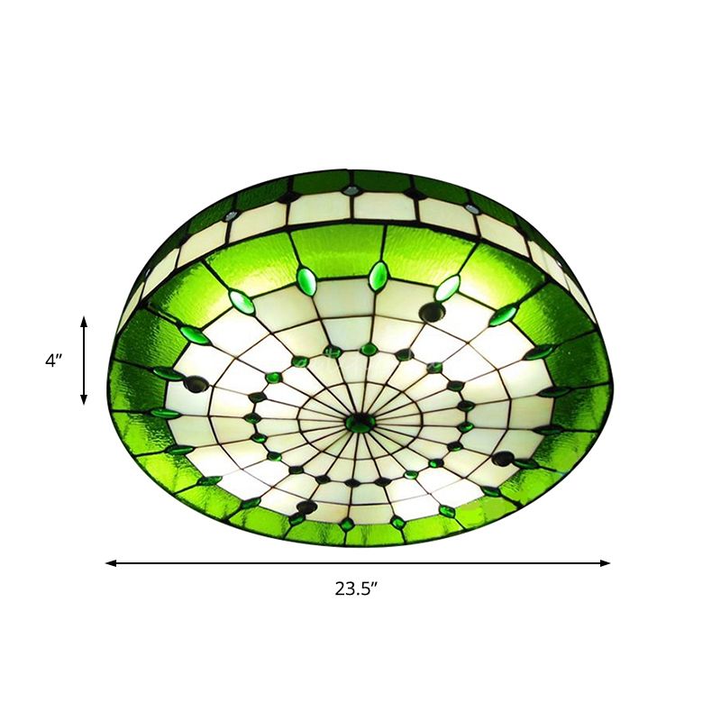 Green Round Ceiling Light Fixture Retro Style Stained Glass 3 Lights Flush Mount Ceiling Fixture