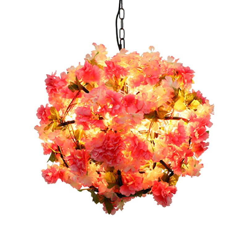 Ball Restaurant Chandelier Light Industrial Metal 4 Bulbs Pink LED Hanging Lamp with Cherry Blossom