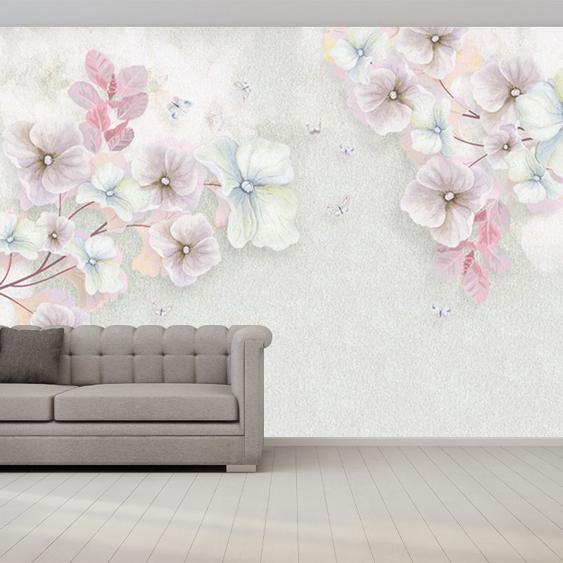 Pink Flowering Apricot Mural Decal Stain-Resistant Wall Covering for Living Room