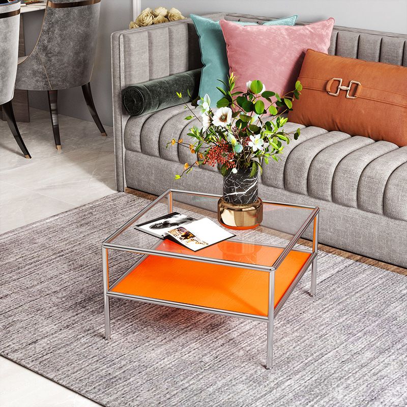 Modern 4 Legs Coffee Table Square Cocktail Table in Brown/Transparent