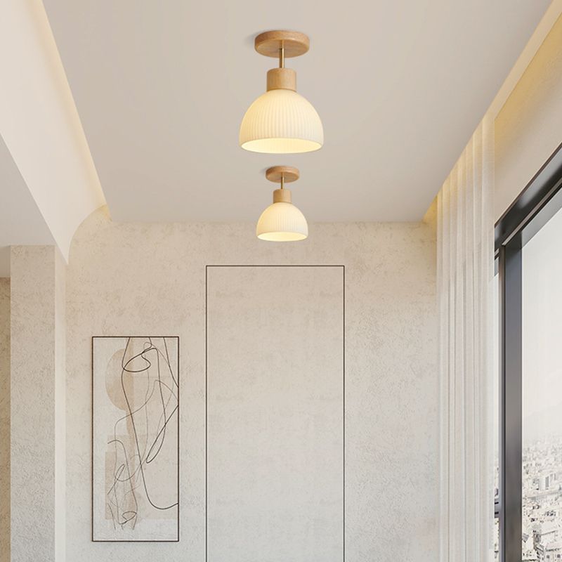 Contemporary Wood Ceiling Light White Shaded Flush Mount Lighting for Home
