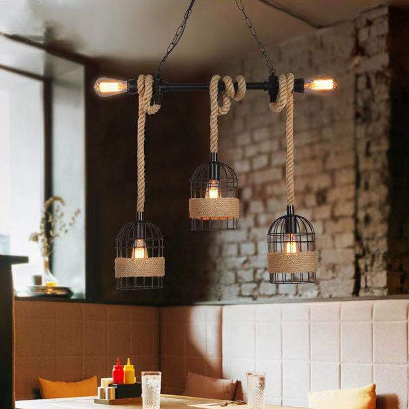 Hemp Rope Birdcage Pendant Lighting Rustic 5-Bulb Dining Room Island Light
