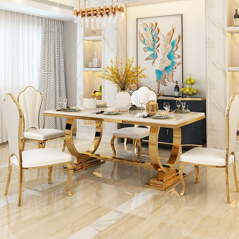 Mesa de comedor de mármol con forma rectangular Glam, mesa de comedor estándar con bases de pedestal dobles