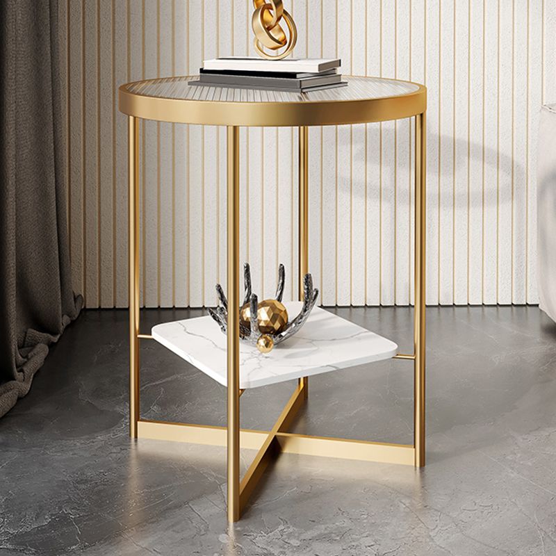 Dia 15.7"/19.7" Stone/Glass Round Side Table Shelf Included Cross Legs End Table
