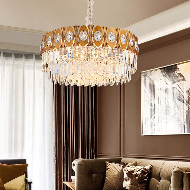 Gold 12 Heads Hanging Lamp Kit Postmodern Tri-Sided Crystal Rod Drum Chandelier Light