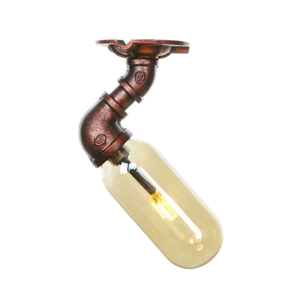 Ovale Shade Amber Glass Semi Flush Industrial Single Light Living Room Lighting Ayémorrat en cuivre altéré avec conception de tuyaux