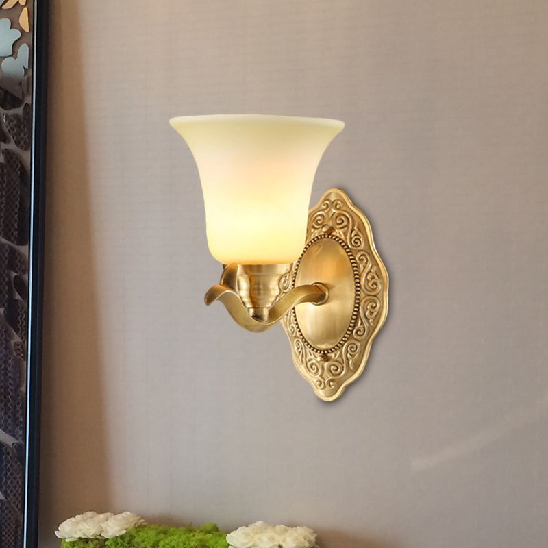 Traditional Bell Shade Wall Light Fixture 1/2-Light Frosted Glass Sconce Lamp with Golden Metallic Arm