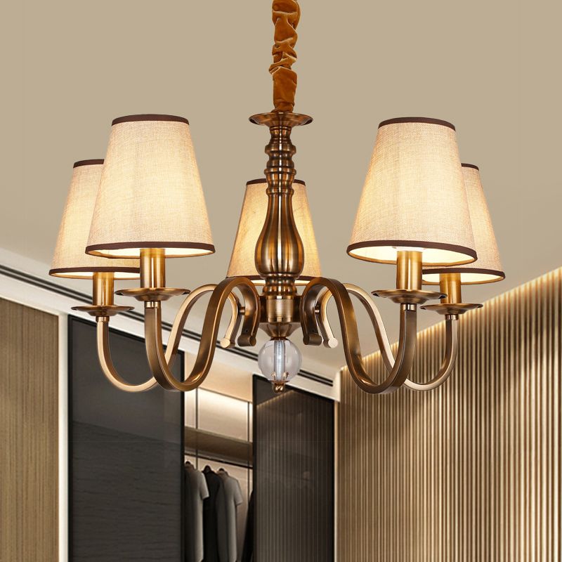 5/8 Heads Chandelier Lighting Fixture with Conical Shade Fabric Vintage Living Room Hanging Pendant in Brass