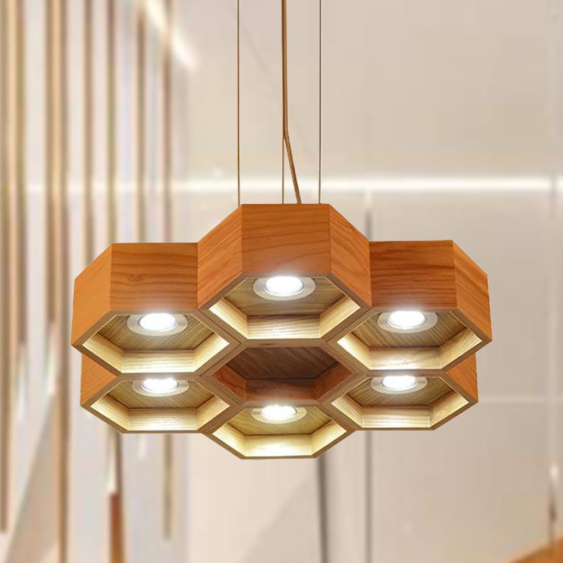 Honeycomb Wood Chandelier Light Contemporary 6 Heads Beige Hanging Pendant Light