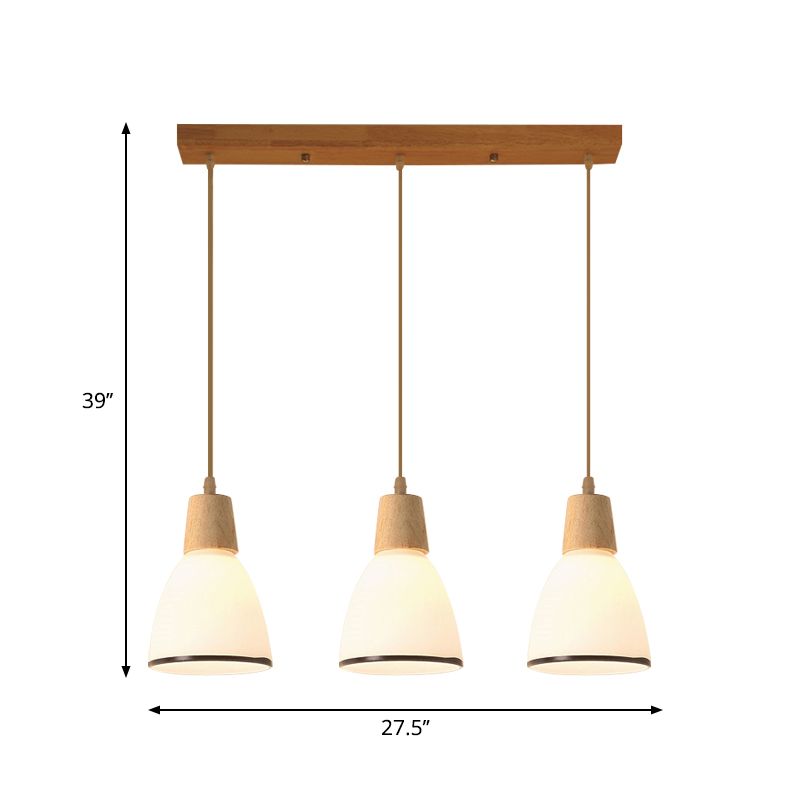 Bell/Bowl/Barrel Ceiling Hang Lamp Nordic Ivory Glass 3-Head Dining Room Round/Linear-Canopy Cluster Pendant in Wood