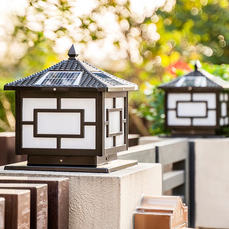 Contemporary Metal Pillar Lamp Square Shape Outdoor Waterproof Light with Acrylic Shade
