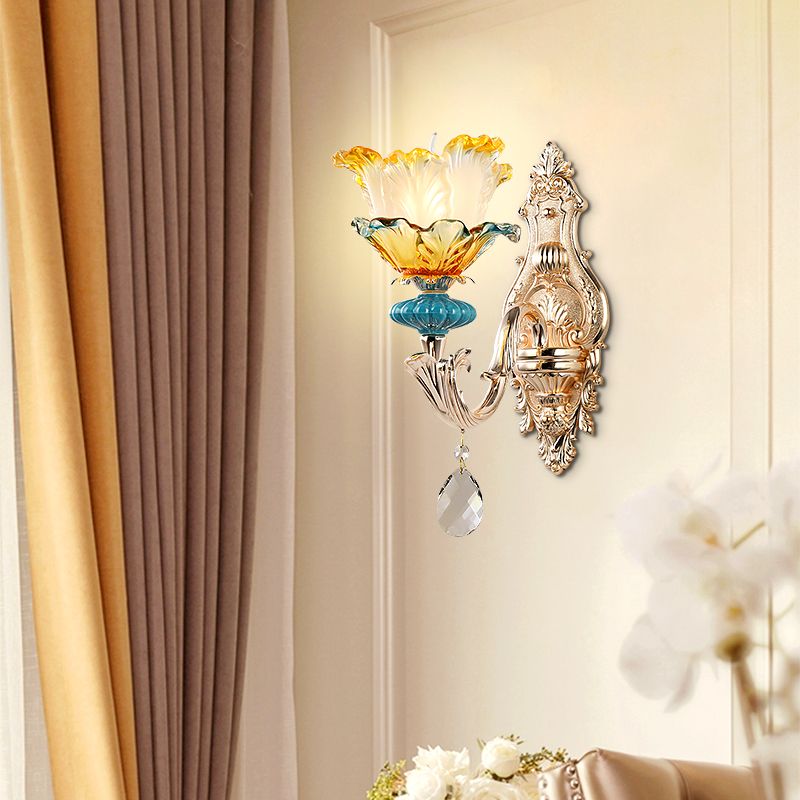 Flower Wall Light Fixture Modernism Amber and Blue Glass 1/2 Heads Brass Sconce Light