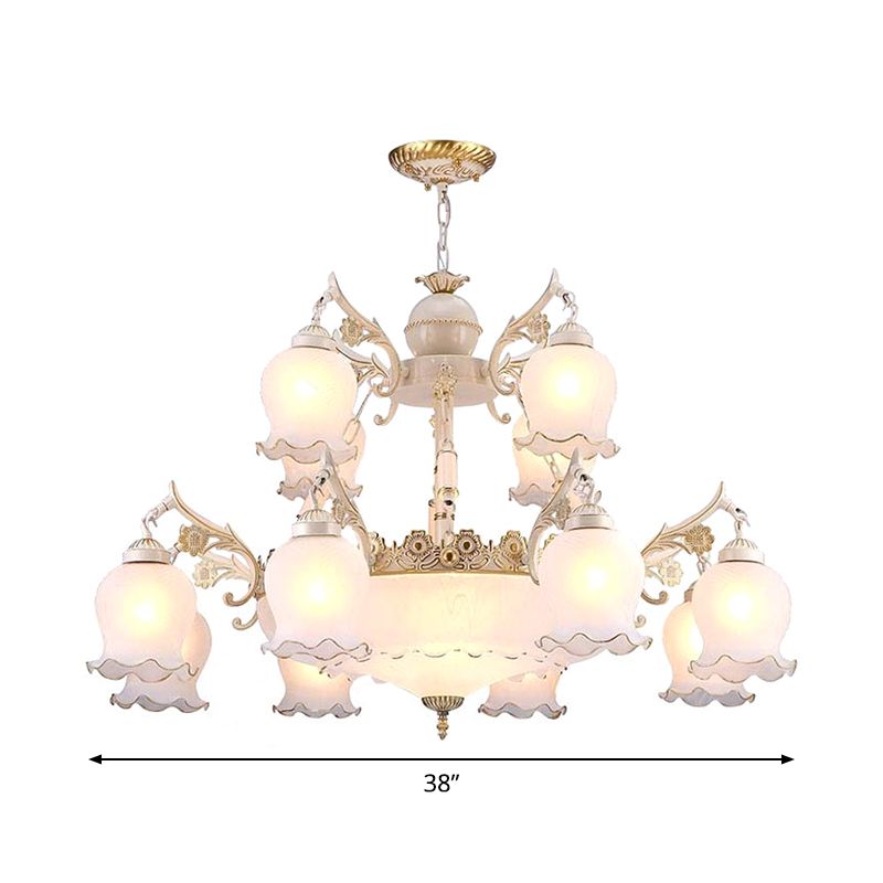 15-head suspensie hanglamp traditionele 2-laags knopvormige melkglas kroonluchter in het wit