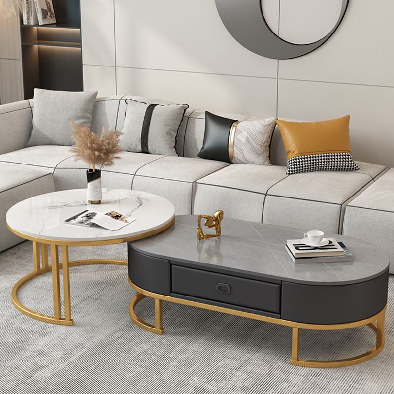 Glam Nesting Coffee Table Set Frame Round Slate Coffee Table with Drawer