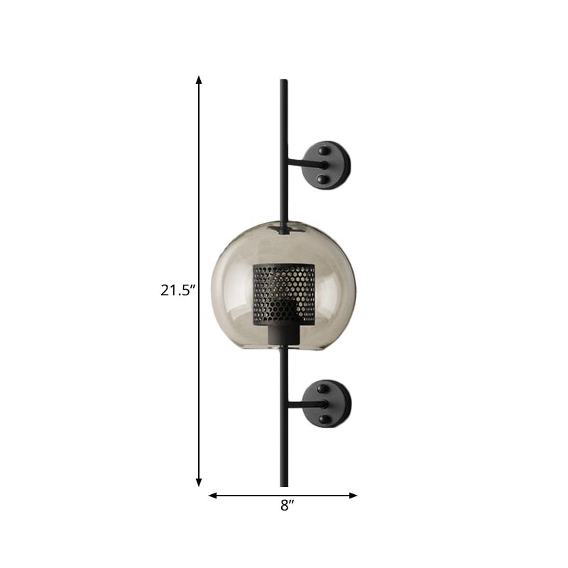 Colonial Sphere Wall Sconce 1 Head Smoke Gray Glass Wall Lighting in Black with Cylinder Wire Mesh Inside, 8"/10" Wide