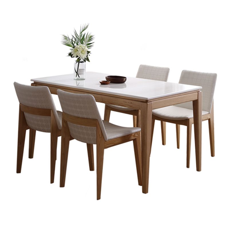Middeleeuwse moderne marmeren rechthoekige tafel witte tafel met houten basis en 4 poten