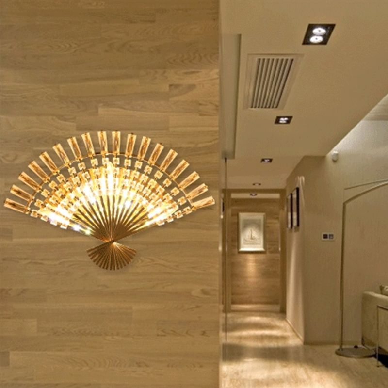 Goldene fächerförmige Wandleuchte im Vintage-Stil, 3 Lichter, Wandleuchte aus Metall mit klarer Kristallverzierung