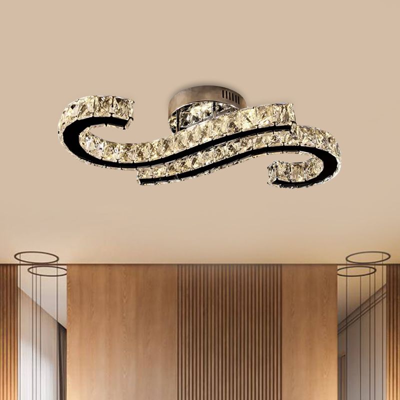 Hook LED Semi Mount Lighting Minimalist Faceted Crystal Stainless-Steel Ceiling Flush in Warm/White Light