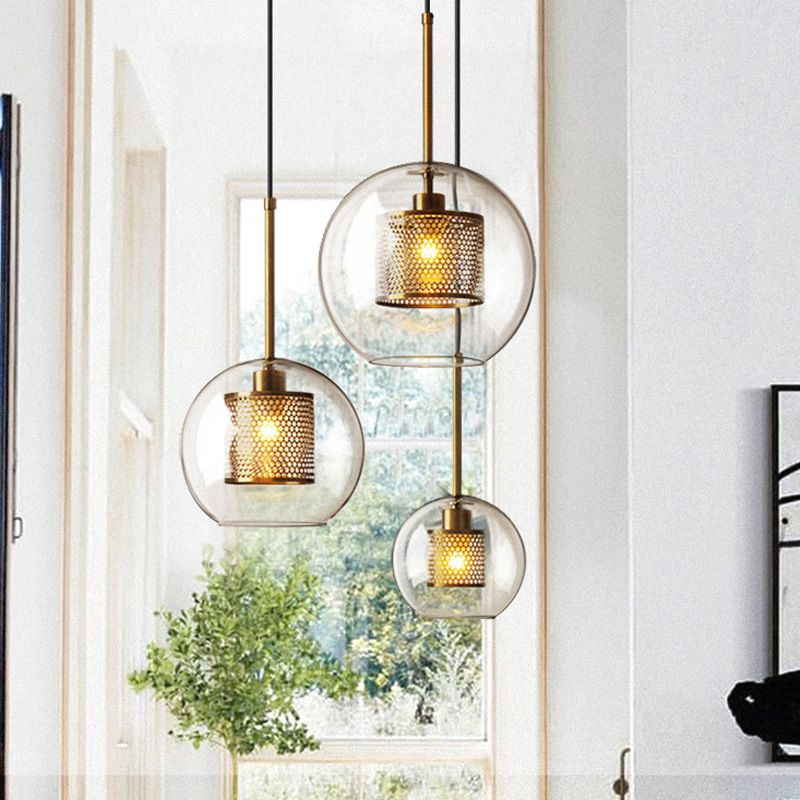 Clear Glass Orb Pendant Lighting Modernity 1 Head Hanging Ceiling Light with Inside Mesh Cage