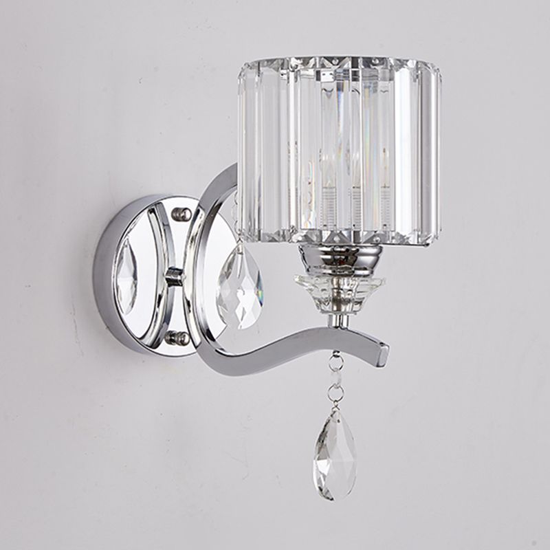 Cylinder Wall Light Sconce Modern Crystal Block 1 Light Bedroom Wall Mounted Light in Chrome