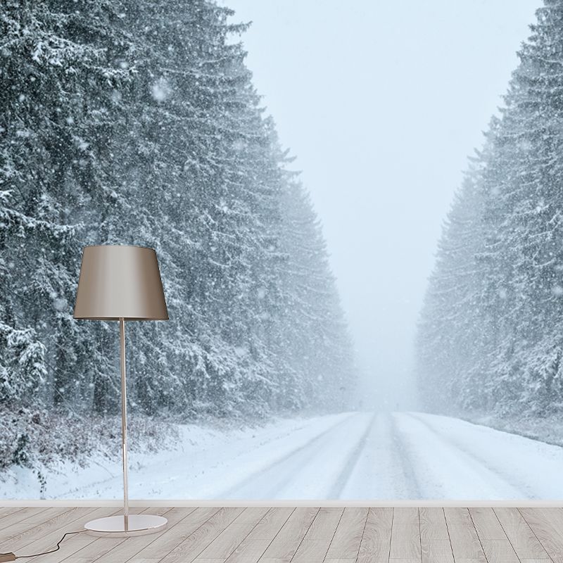 Snowy Road to Unknown Mural Contemporary Smooth Wall Art in White for Living Room