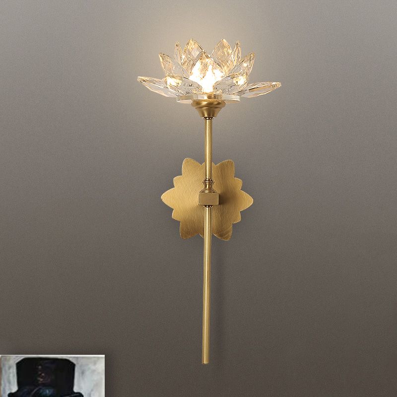 1 Light Lotus Wall Sconce Lighting Traditional Gold Clear Crystal LED Wall Light Fixture for Bedroom, 16"/23.5" H