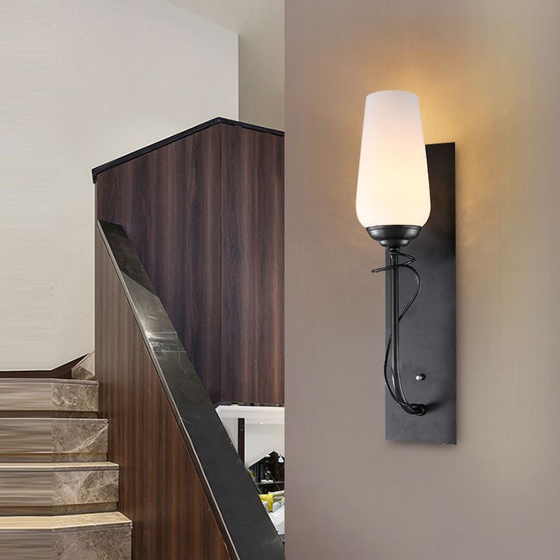 Single Light Wall Sconce Lamp Rustic Conical White Glass Wall Mounted Light Fixture in Black
