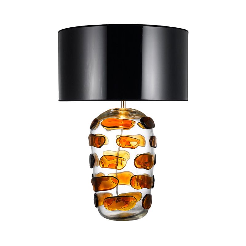 Yellow/Blue Jar Nightstand Light Modern 1 Bulb Clear Glass Desk Lamp with Drum Black/White Fabric Shade