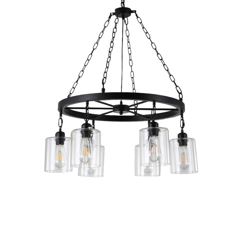 Black 6/8 Lumières Pendard lustre traditionnel Cylindre en verre transparent clair avec conception de roue de wagon