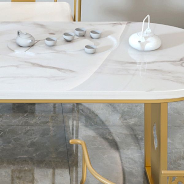 Traditional Luxury Oval Dining Table Sintered Stone Table with Gold Double Pedestal for Dining Room