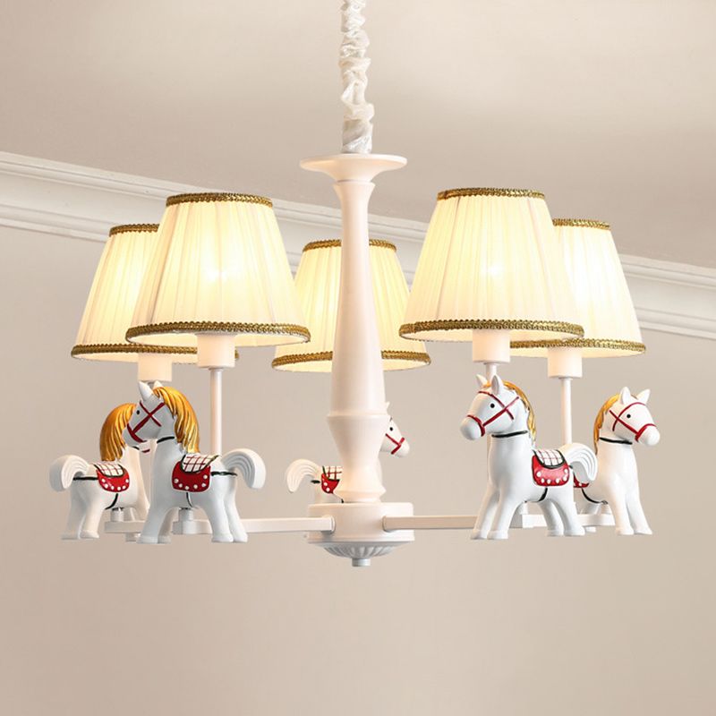 Carousel Child Room Pendant Light Resin Cartoon Chandelier with Tapered Fabric Shade in White