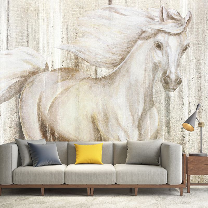 Giant Horse Mural Wallpaper in Grey and Yellow for Coffee Shop, Water-Resistant