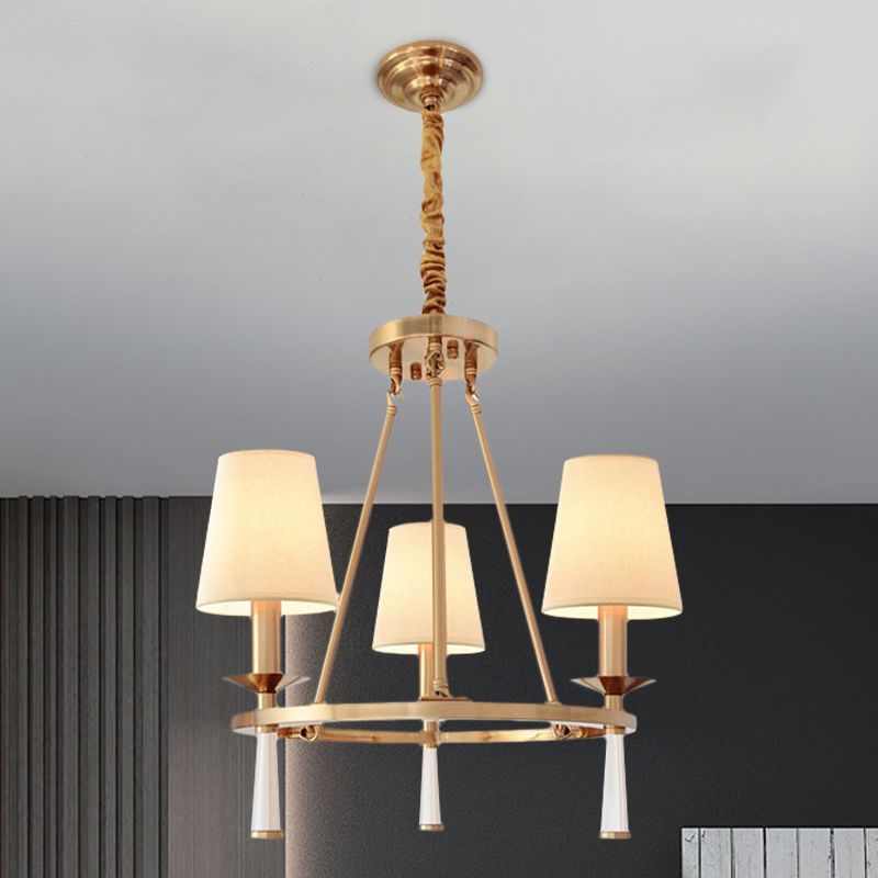 Ring Dining Room Pendant Chandelier Retro Metal 3-Light White Hanging Ceiling Light with Cone Fabric Shade