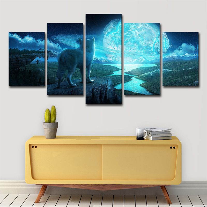 Big Moon and Wolf Canvas in Blue Modernist Wall Art Decor for Living Room, Multi-Piece
