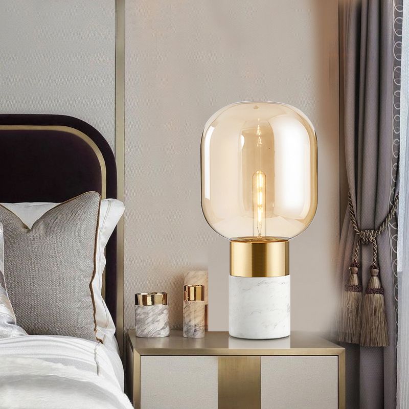 Urn Table Light Modern Amber Glass 1 Head Bedside Nightstand Lamp with Marble Base