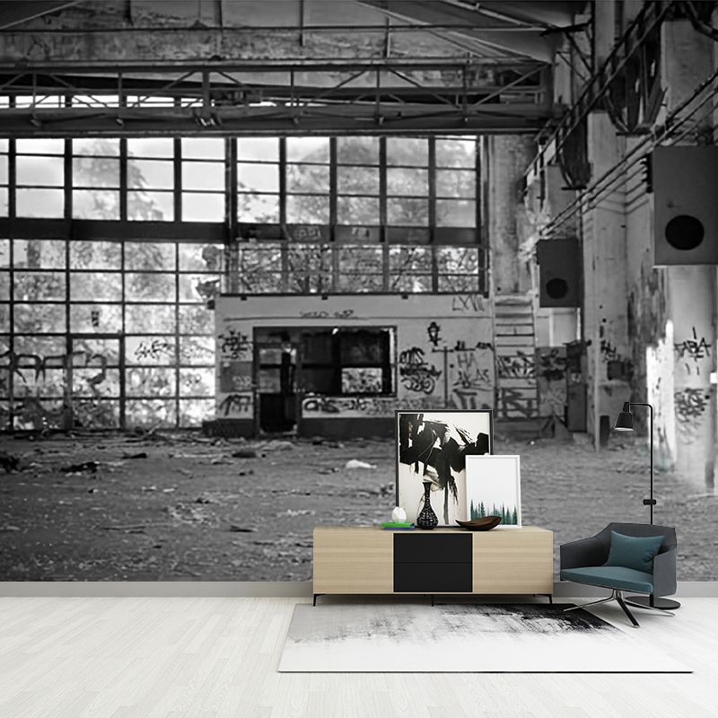 Industrial Warehouse Mural Wallpaper for Bar Decoration, Extra Large Wall Decor in Grey