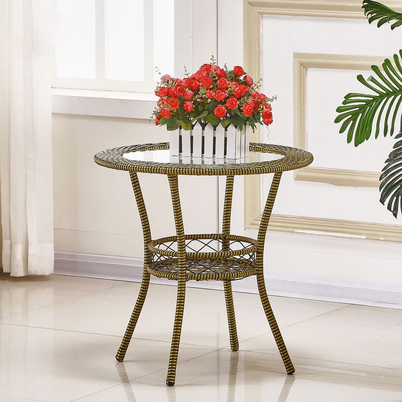 Tropical Glass Top 4 Legs Cocktail Table with Shelf Round Coffee Table