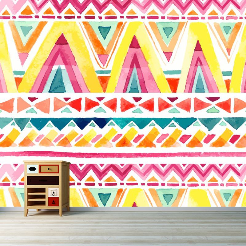 Pink-Yellow Zigzag Wall Murals Moisture Resistant Bohemia Living Room Wall Covering