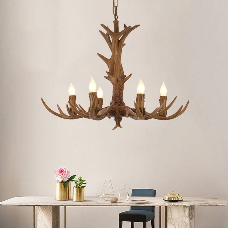 Rural Candelabra Hanging Pendant 6 Lights Resin Ceiling Chandelier in Tan for Living Room