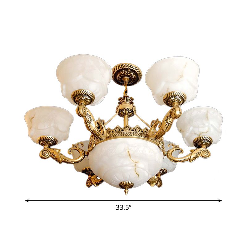 Bowl Dining Room Drop Lamp Antiqued White Glass 9-Light Brass Chandelier Light Fixture