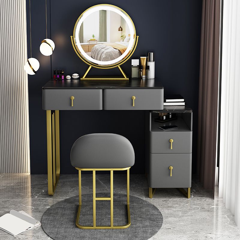 Gray Dressing Table Genuine Leather Vanity Table with Storage Drawers