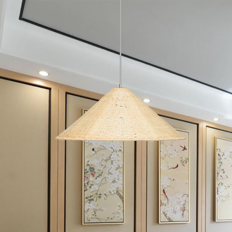 1 Bulb Hand Woven Hanging Light Chinese Bamboo Suspended Lighting Fixture in Beige
