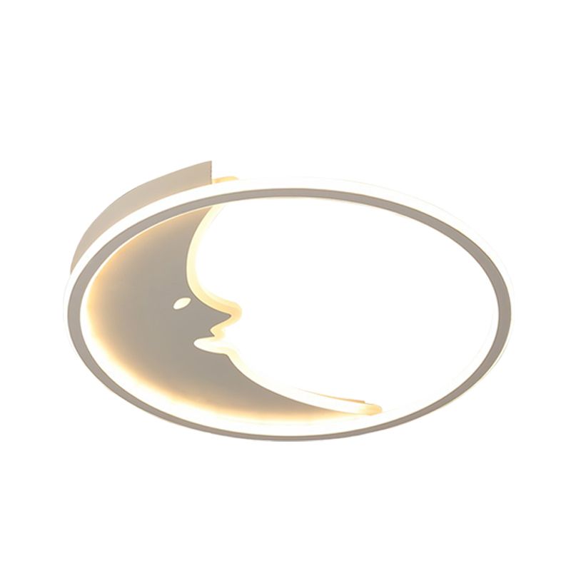 LED Bedroom Flush Mount Light Fixture Cartoon White Ceiling Lamp with Moon Acrylic Shade in Warm/White Light