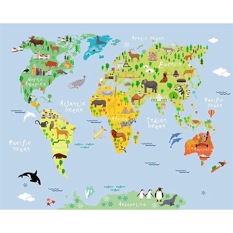 Blue and Green Simple Mural Wallpaper Personalized Size World Map Wall Art for Accent Wall