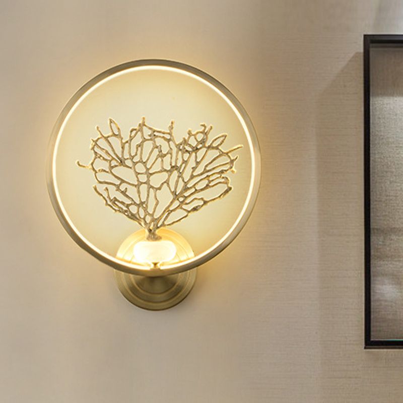 Gold Tree Wall Mount Light Contemporary LED Metallic Wall Mural Lamp with Glowing Hook